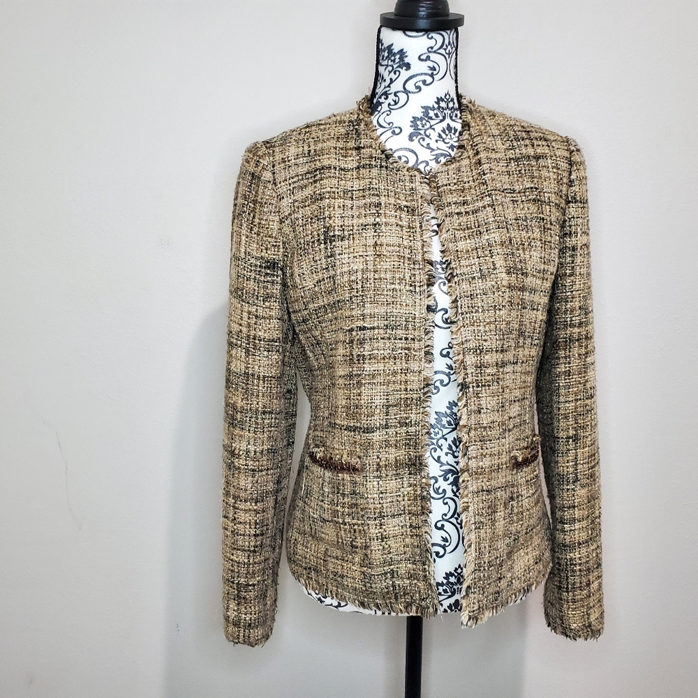 JH Collectibles Tweed Collarless Blazer in Beige and Brown